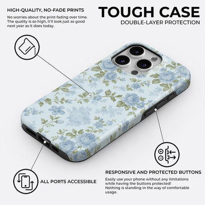 Vintage blue floral tough phone case with double-layer protection, responsive buttons and high-quality no-fade print by HaloCovers