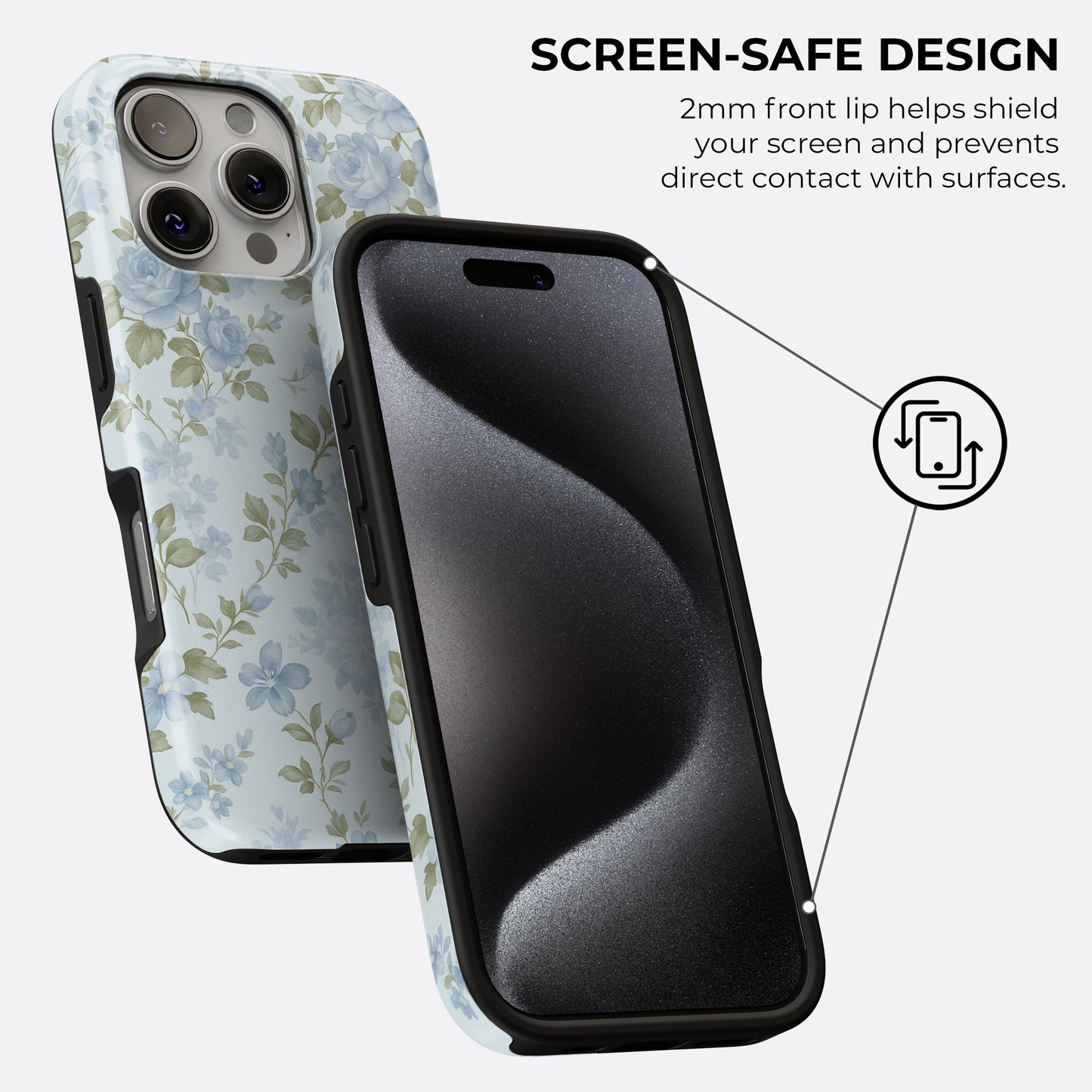 Vintage blue floral tough phone case with 2mm raised front lip for screen protection, showing elegant design and durable build by HaloCovers