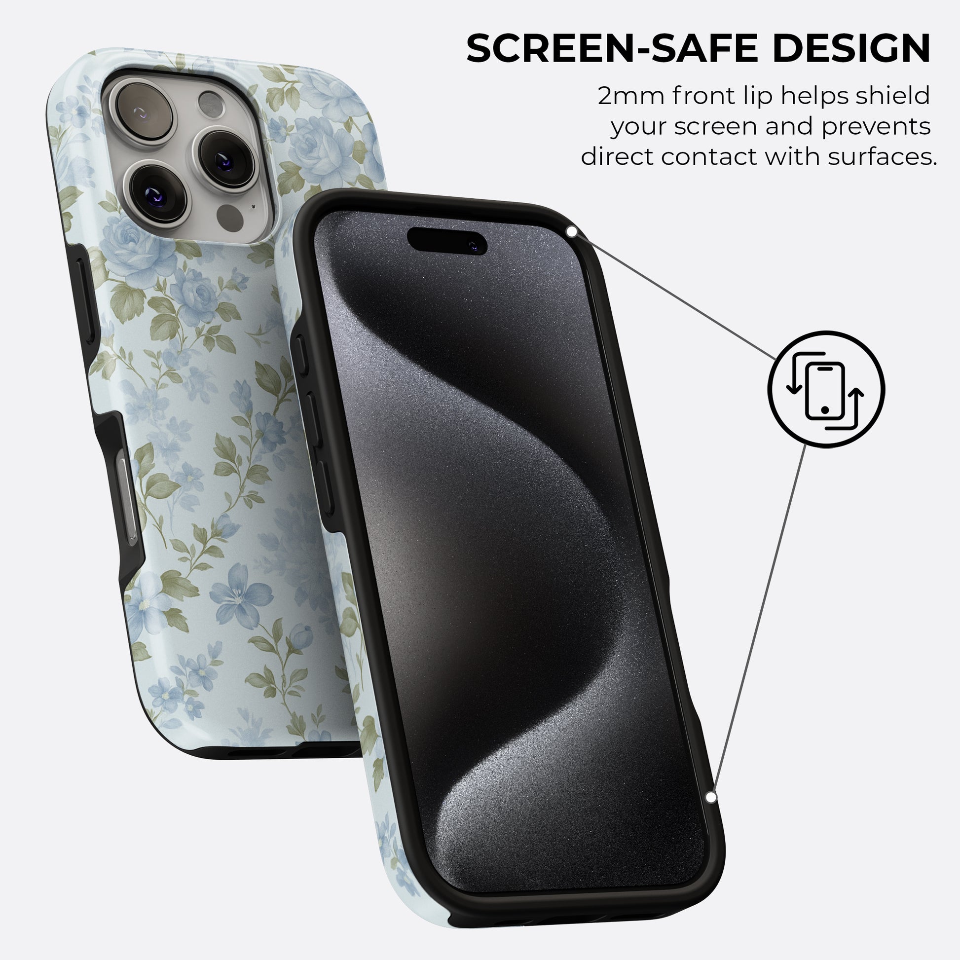 Vintage blue floral tough phone case with 2mm raised front lip for screen protection, showing elegant design and durable build by HaloCovers