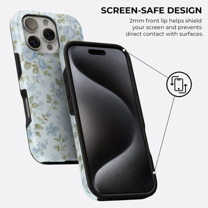Vintage blue floral tough phone case with 2mm raised front lip for screen protection, showing elegant design and durable build by HaloCovers