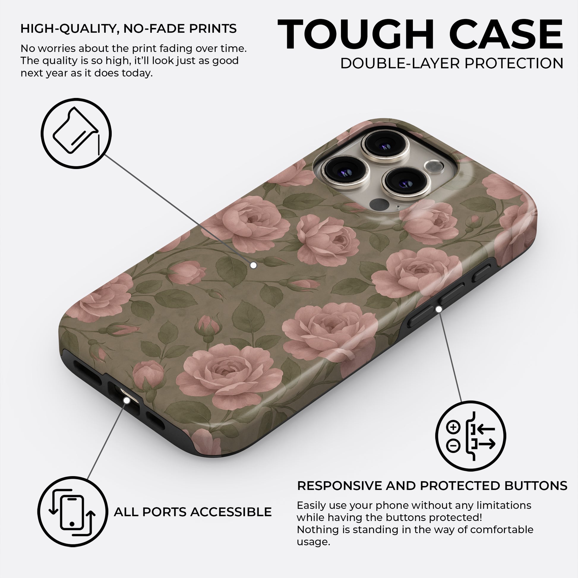 Vintage rose floral tough phone case with double-layer protection and responsive buttons by HaloCovers