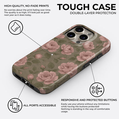 Vintage rose floral tough phone case with double-layer protection and responsive buttons by HaloCovers