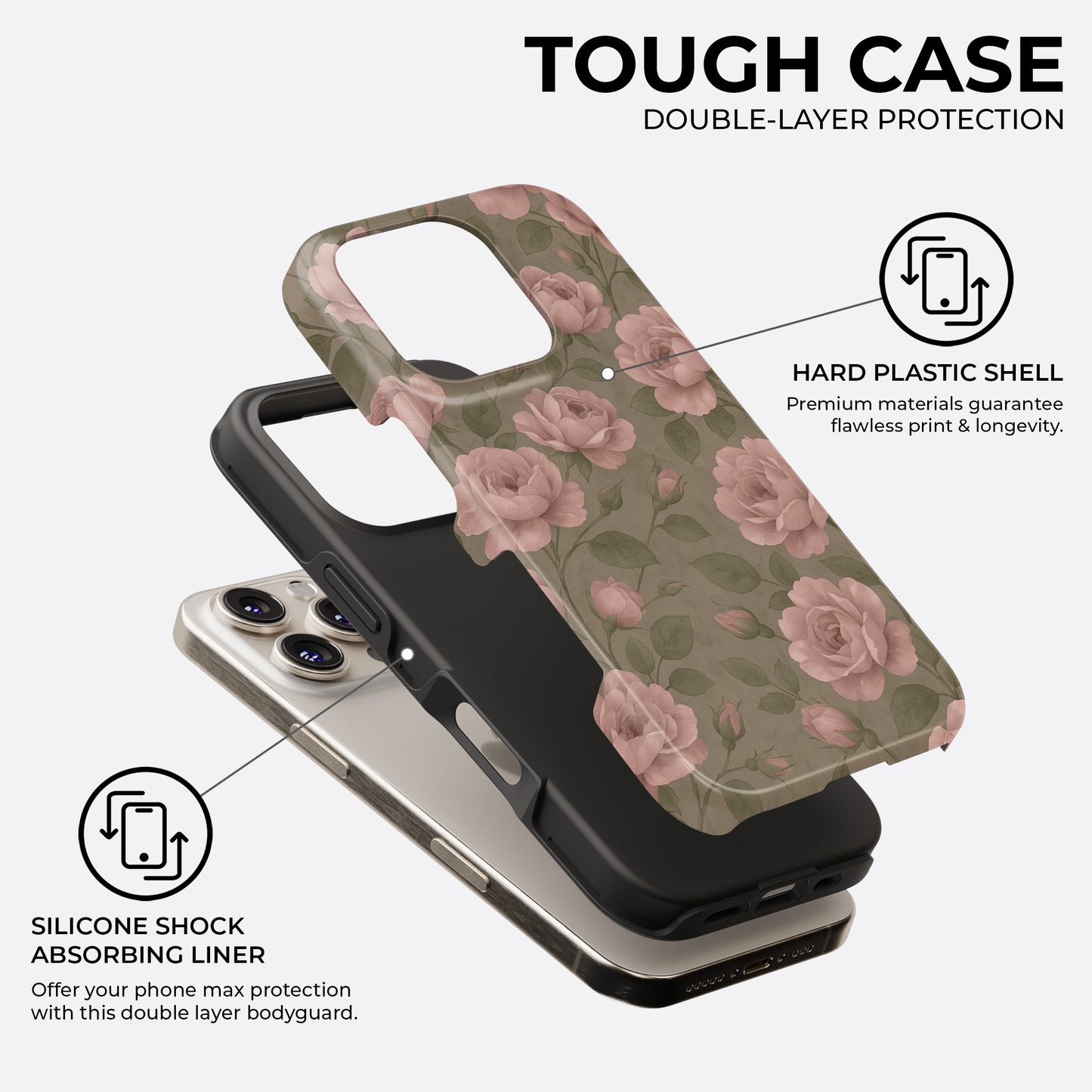 Vintage rose floral tough phone case showing double-layer protection with silicone shock absorbing liner and hard plastic shell by HaloCovers