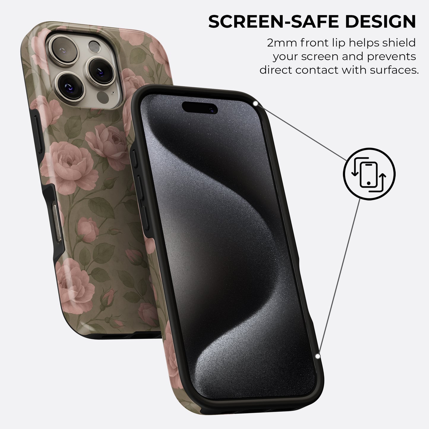 Vintage rose floral tough phone case with 2mm front lip screen-safe design for extra screen protection by HaloCovers