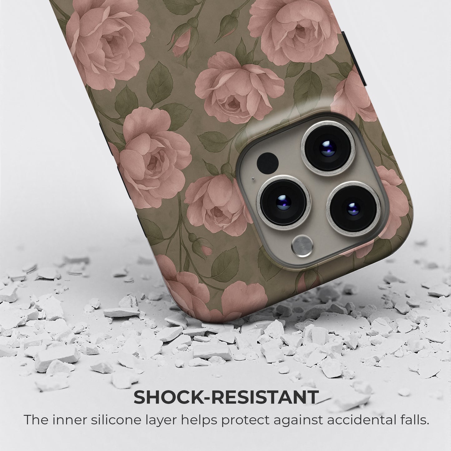 Vintage rose floral tough phone case with shock-resistant silicone inner layer for protection against accidental drops by HaloCovers