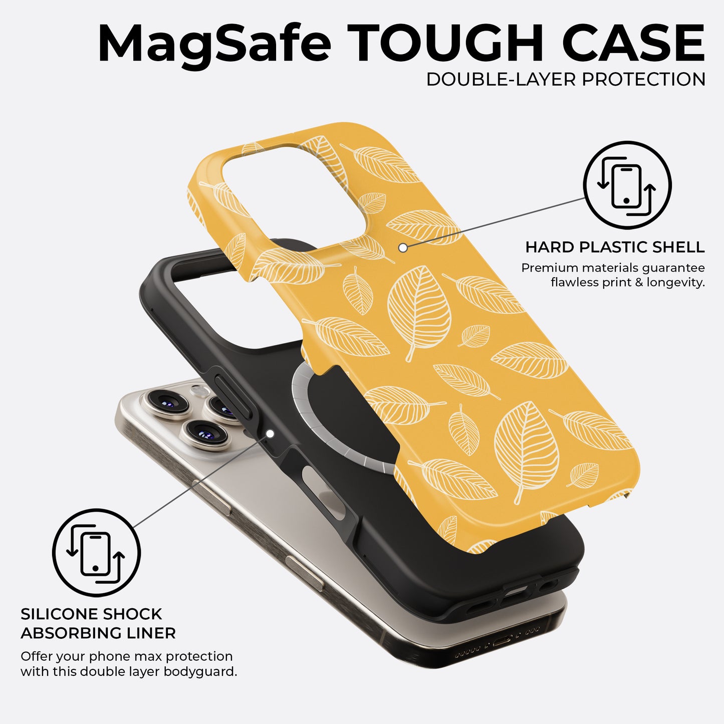 Yellow leaf MagSafe tough phone case with double-layer protection and silicone shock absorbing liner