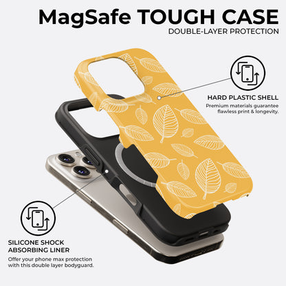 Yellow leaf MagSafe tough phone case with double-layer protection and silicone shock absorbing liner