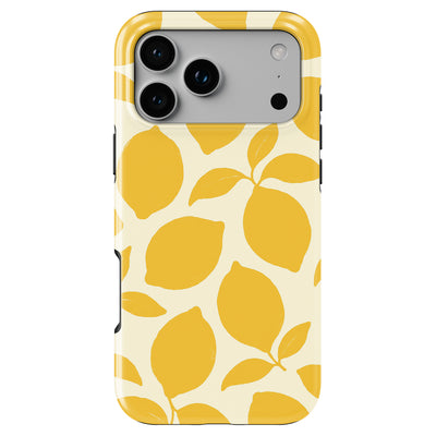 Yellow lemon pattern phone case by Casiden featuring a bright summer aesthetic and durable tough protection